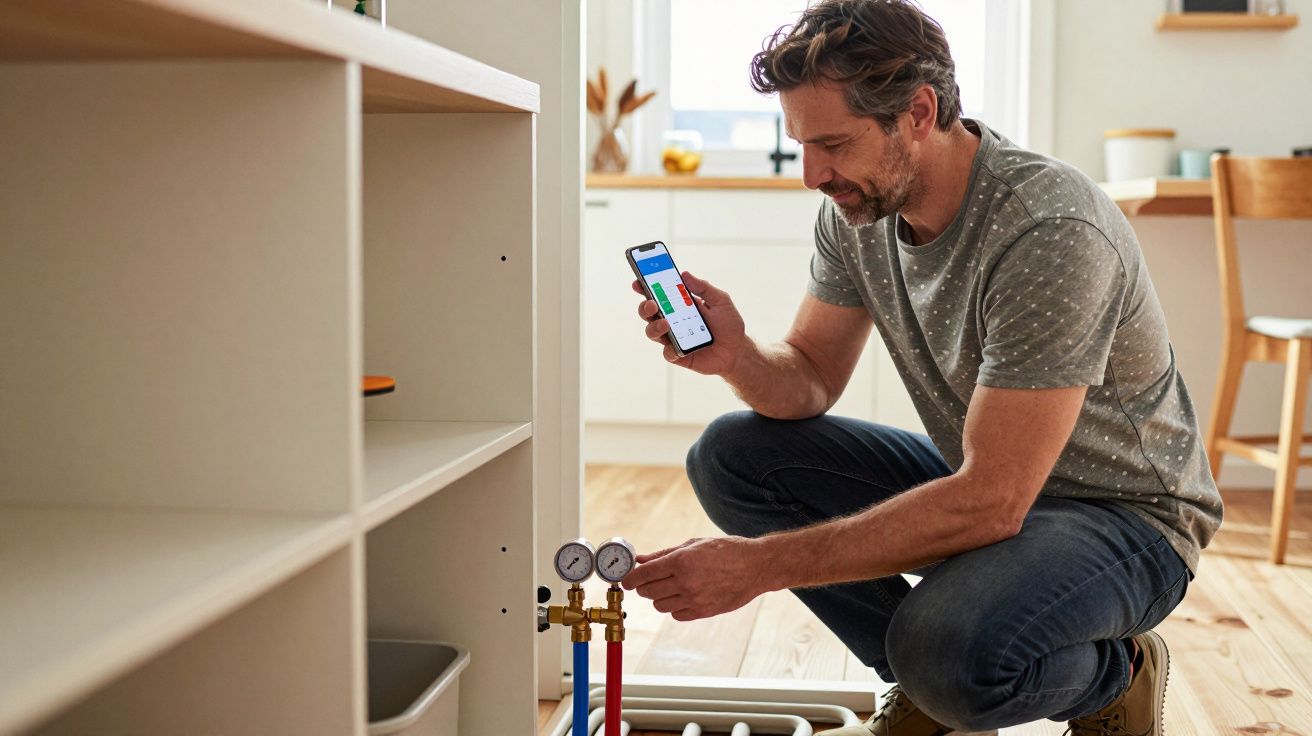 Man kneeling in kitchen adjusts gauges, holding smartphone displaying data.