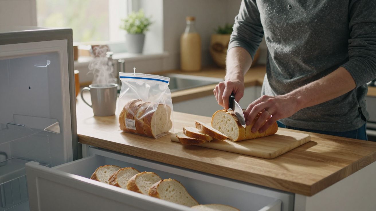 Person slicing bread on a wooden board in a kitchen, with more sliced bread in a freezer drawer.