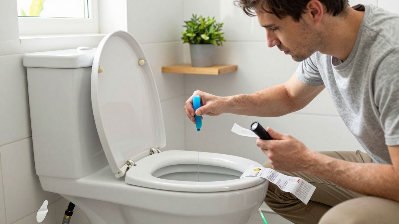 Man pouring cleaning solution into toilet, holding a torch in a bathroom.