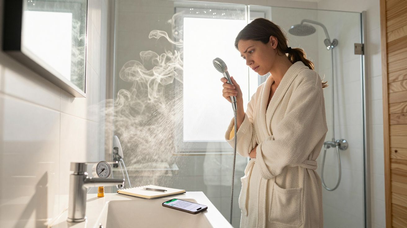 Woman in bathrobe holding shower head, looking at tablet on sink in misty bathroom.