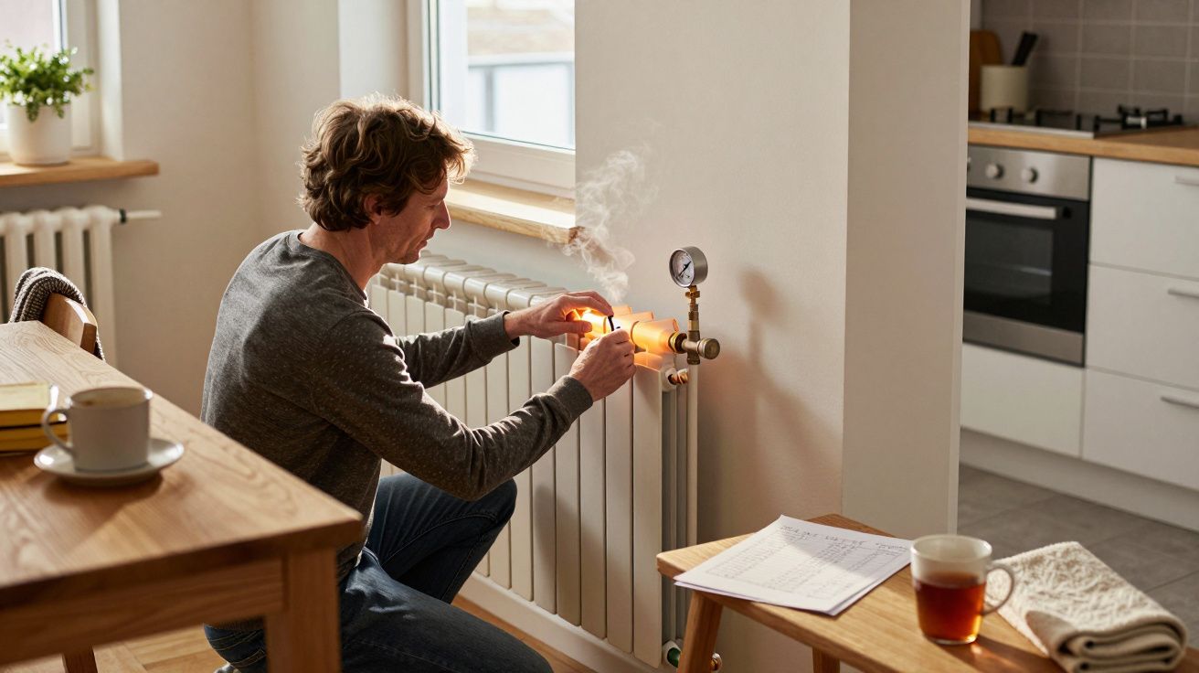 Man in grey shirt bleeding radiator while kneeling in a kitchen, with a cup of tea on the table nearby.